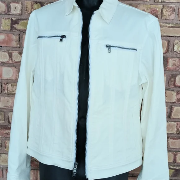 John Varvatos Men's XL White Denim Jacket Zip Up Zippers